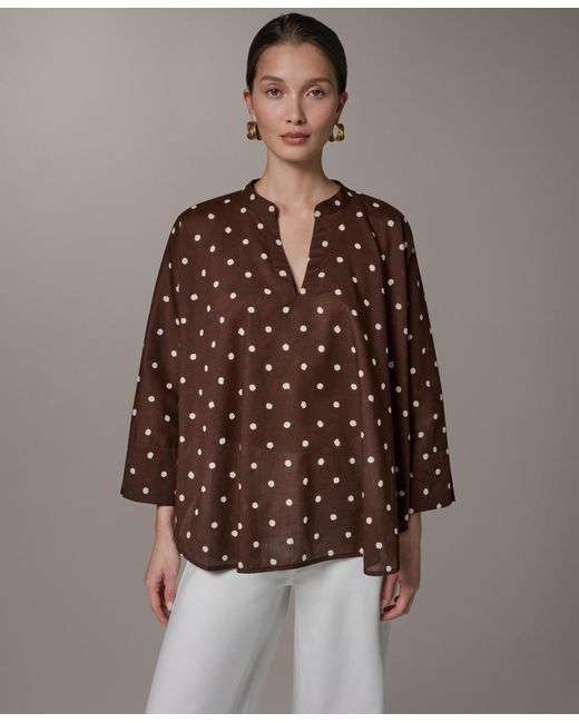 Donna Karan Weekend Brown Printed Split Neck Blouse