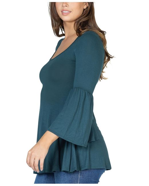 24seven Comfort Apparel Blue Bell Sleeve Flared Tunic Top