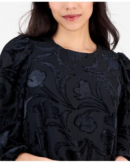 Anne Klein Black Petite Balloon Sleeve Burnout Velvet Dress