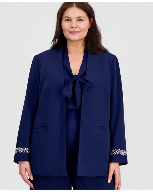 Kasper Blue Plus Size Collarless Open-front Jacket