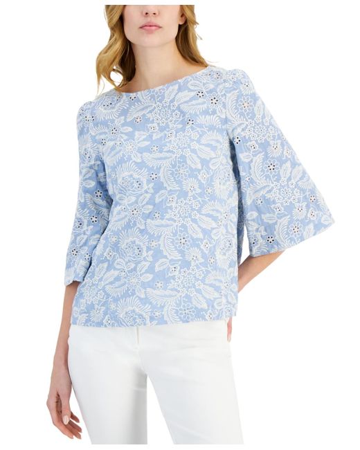 Tahari Blue Embroidered Eyelet Boat-neck Bell-sleeve Top