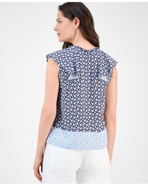 Nautica Blue Floral-print Flutter-sleeve Blouse
