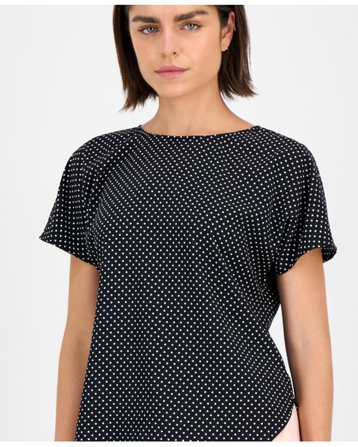 Anne Klein Black Printed Boat Neck Short-sleeve Top