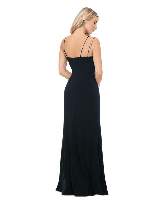Xscape Black Asymmetric Rhinestone-strap High-slit Gown