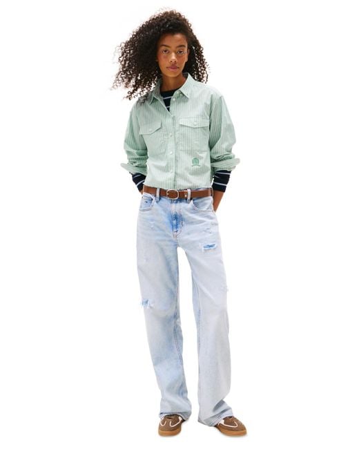 Tommy Hilfiger Blue Cotton Crop Button-front Crest Shirt