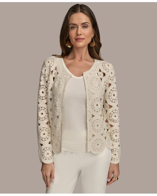 Donna Karan Natural Crochet Cotton Blend Cardigan