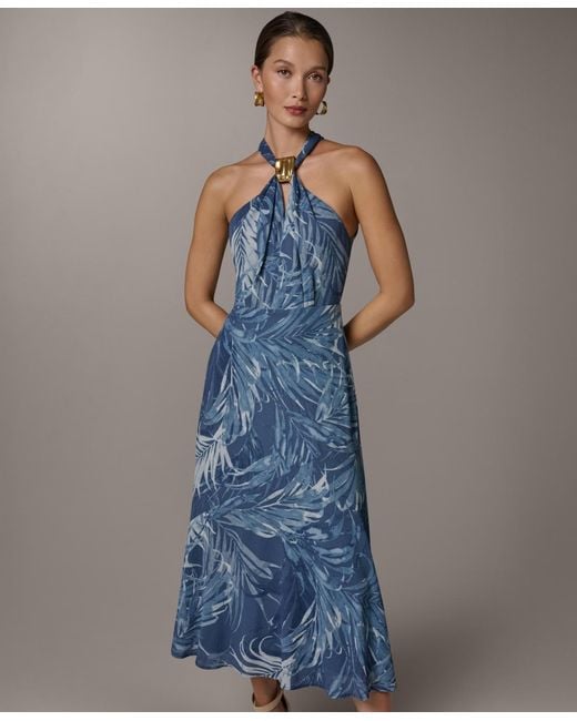 donna karan halter neck a line cocktail dress Donna Karan Floral Print Halter Neck Midi Dress, Womens, 6, Sangria Multi