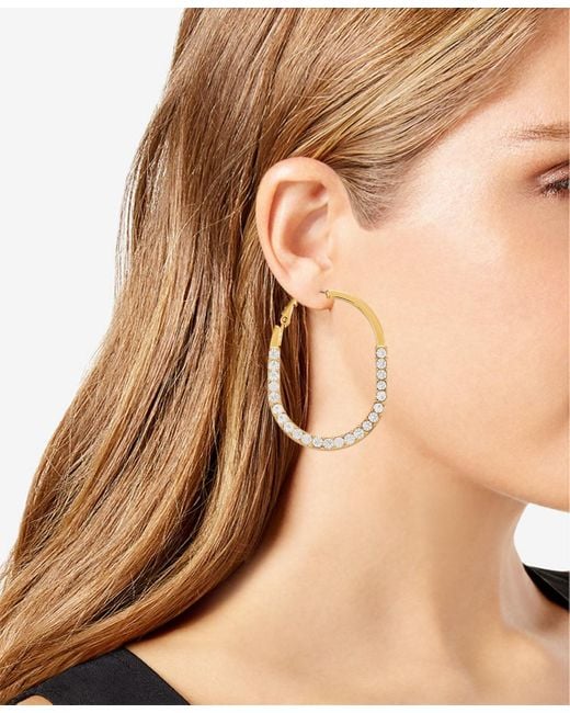 Tahari Metallic Tone Glass Stone Oval Hoop Earrings