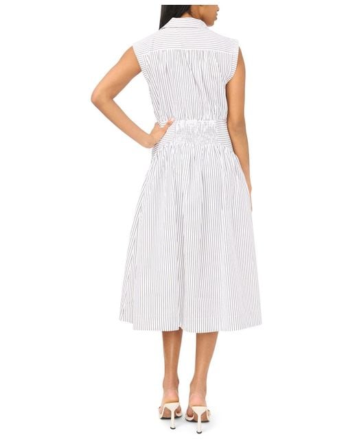 Msk White Collared Shirred Button-down Dress