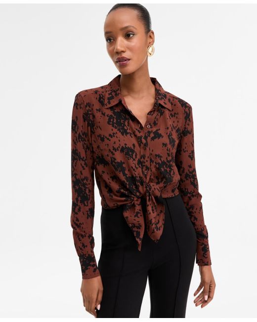 INC International Concepts Brown Printed Button-front Shirt