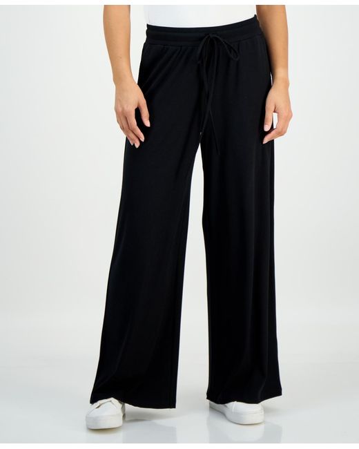 INC International Concepts Black Petite Ribbed Knit High Rise Wide-leg Pants
