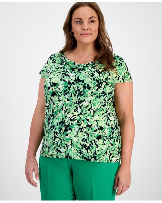 Kasper Green Plus Size Printed Cap-sleeve Top