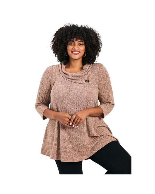 Avenue Brown Plus Size Miley Rib Hacci Button Tunic
