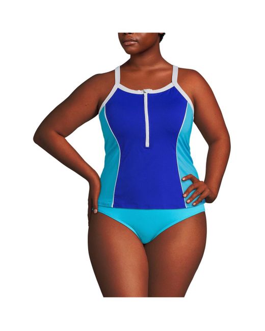 Lands' End Blue Plus Size Chlorine Resistant High Neck Zip Front Racerback Tankini Swimsuit Top
