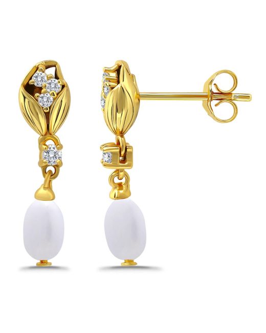 Macy's Metallic Macy Oval Freshwater Cultured Pearl Drop Cubic Zirconia Tulip Design Post Earrings