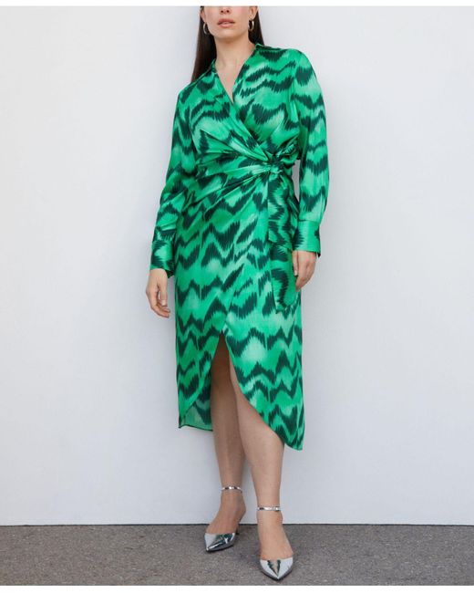 Mango Printed Satin Shirt Dress in Green Lyst