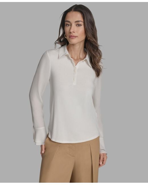 BCBGMAXAZRIA Multicolor Long Sleeve Ruffle-cuff Collared Top
