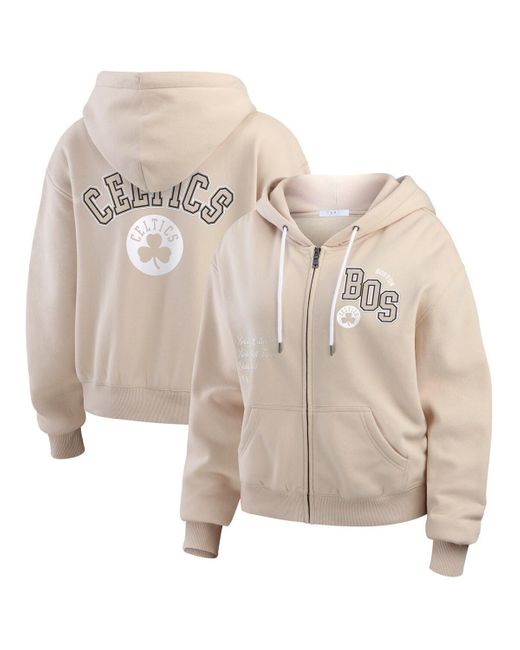 WEAR by Erin Andrews Natural Boston Celtics Plus Size Tonal Felt Patch Full-zip Hoodie