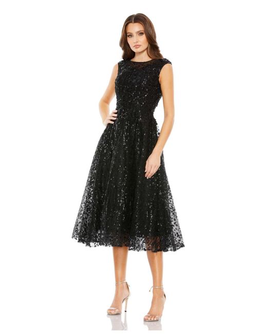 Mac Duggal Black Sequined Cap Sleeve Fit And Flare Dress