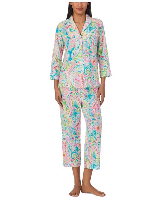 Lauren by Ralph Lauren Blue 3/4-sleeve Cropped Pant Pajama Set