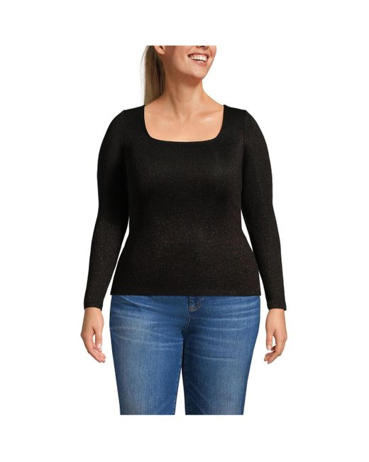 Lands' End Black Plus Size Long Sleeve Rib Square Neck Tee
