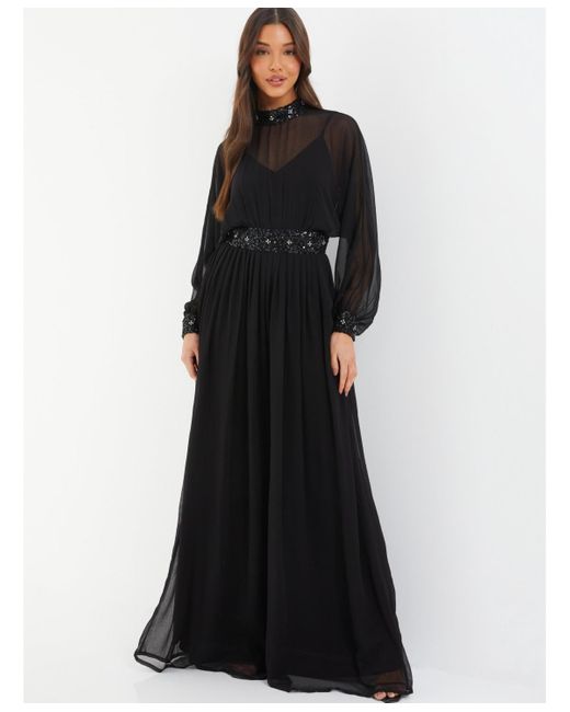 Quiz Black Chiffon Sequin Trim Evening Dress