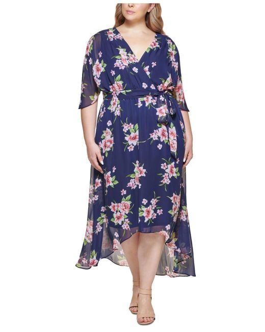Jessica Howard Synthetic Plus Size Printed Faux-wrap Midi Dress in Navy ...