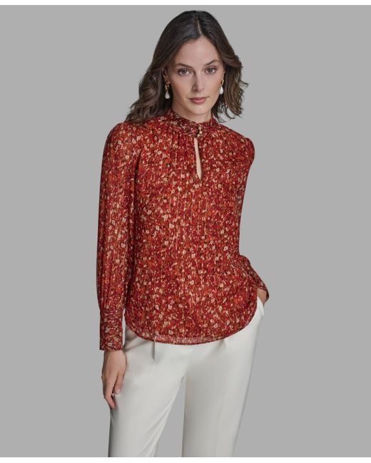 BCBGMAXAZRIA Red Printed Mock Neck Top