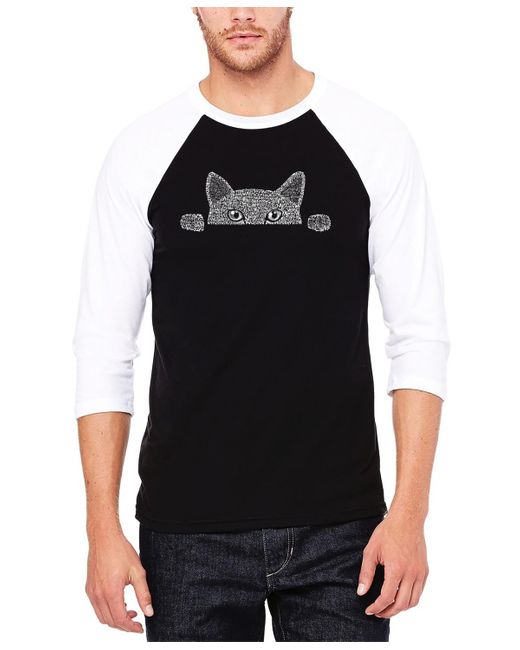 LA Pop Art Black Peeking Cat Raglan Baseball Word Art T-shirt for men