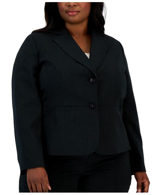 Le Suit Black Plus Size Two-button Pinstriped Pantsuit Set