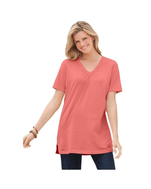 Woman Within Pink Plus Size Within Perfect Short-sleeve Shirred V-neck Tunic