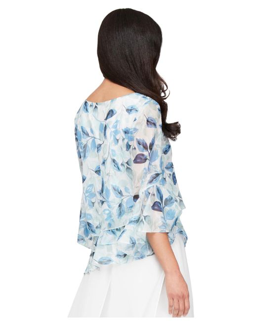 Alex Evenings Blue Tiered Printed Chiffon Blouse