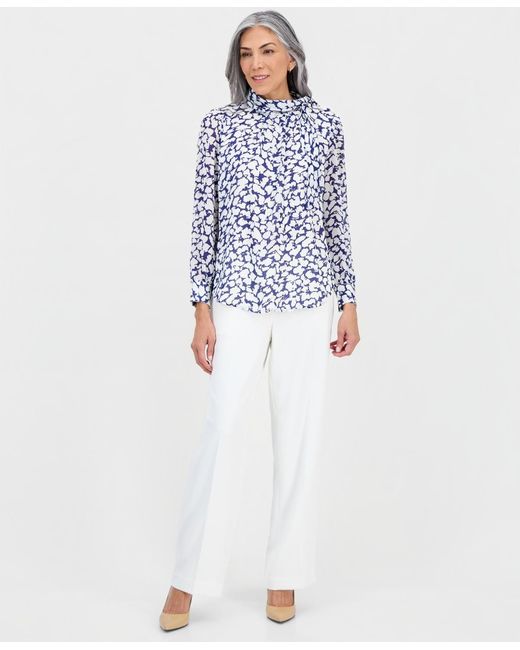 Kasper Blue Printed High-tie-neck Long-sleeve Blouse
