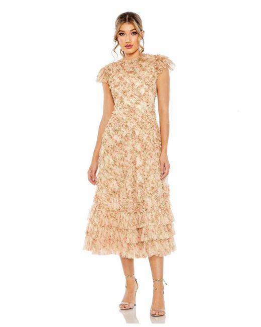 Mac Duggal Natural Ruffle Tiered Short Sleeve A Line Dress