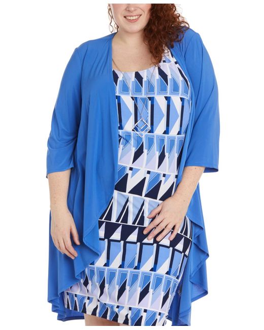 R & M Richards Blue Plus Size Draped Long Cardigan And Printed Sleeveless Dress