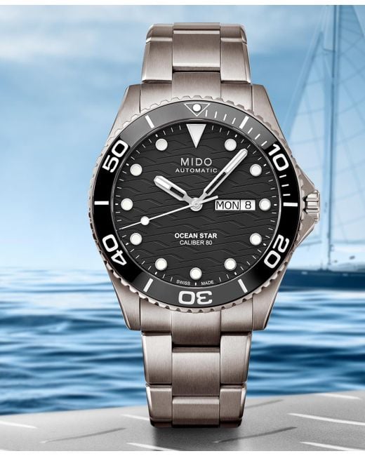MIDO Gray Swiss Automatic Ocean Star Silver-tone Titanium Bracelet Watch 43mm for men