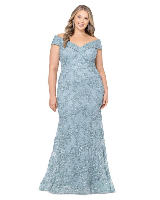 Xscape Blue Plus Size Embellished Lace Off-the-shoulder Gown