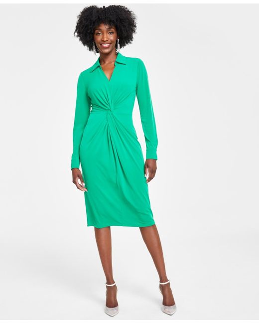 INC International Concepts Green Twist-front Collared Dress