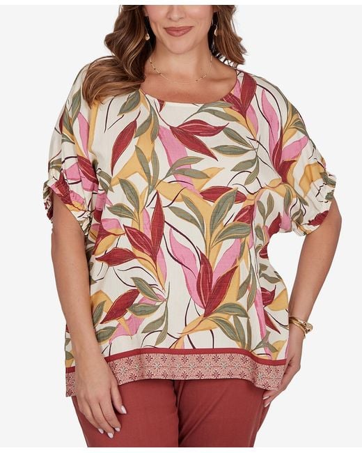 Ruby Rd Plus Size Textured Leaf Print Short-sleeve Top