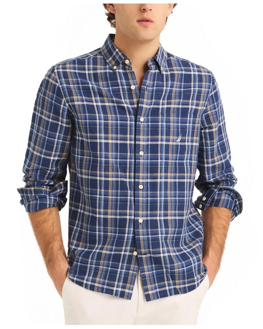 Nautica Blue Classic-fit Linen-blend Plaid Long-sleeve Shirt for men