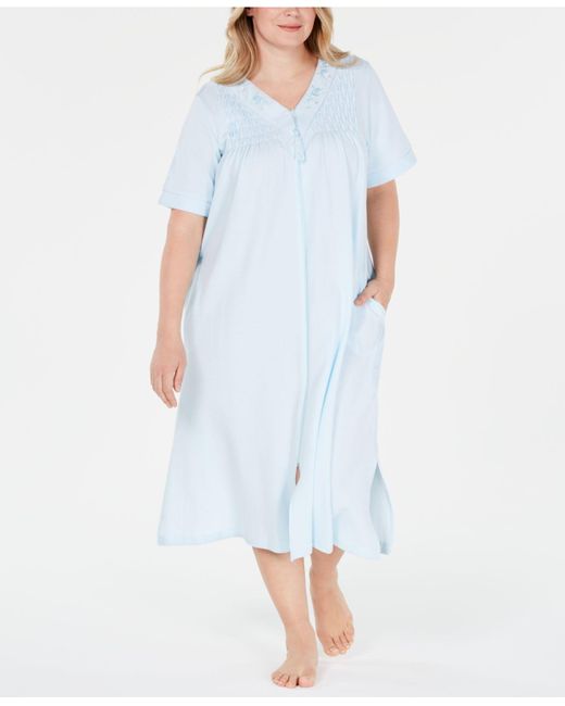 Miss Elaine Cotton Plussize Flowerembroidery Waffle Knit Zipup Robe