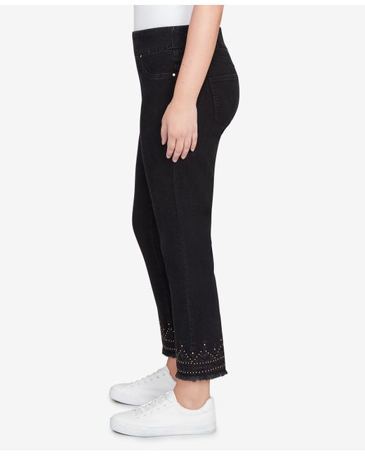 Ruby Rd Black Petite Pull On Embroidered Hem Ankle Jeans