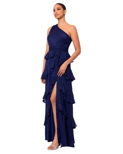 Xscape Blue Tiered One-shoulder Gown