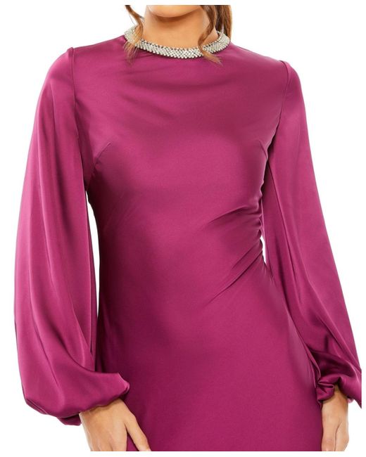Mac Duggal Purple Ieena Satin Long Blouson Sleeve Evening Gown