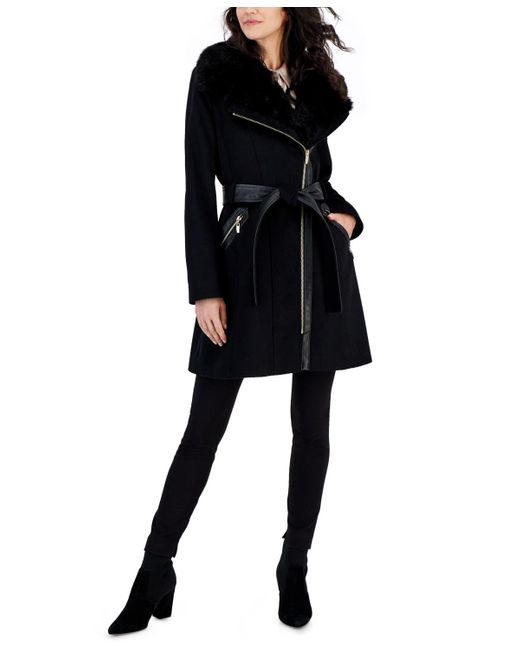 Via Spiga Black Asymmetric Wool Blend Wrap Coat