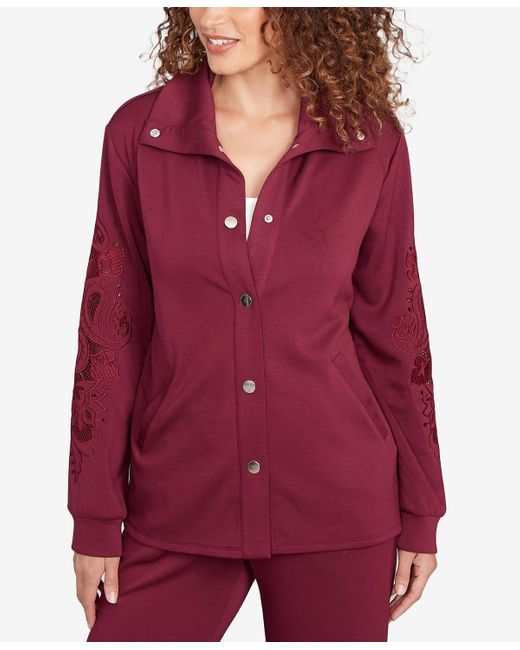 Ruby Rd Petite Embroidered Floral Cutout Snap Jacket