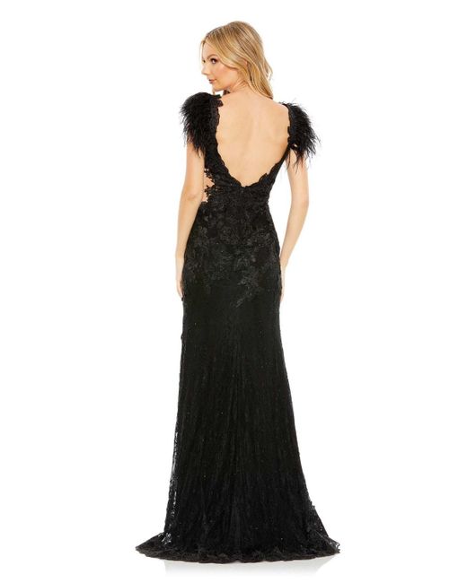 Mac Duggal Black Feather Cap Sleeve Lace Gown