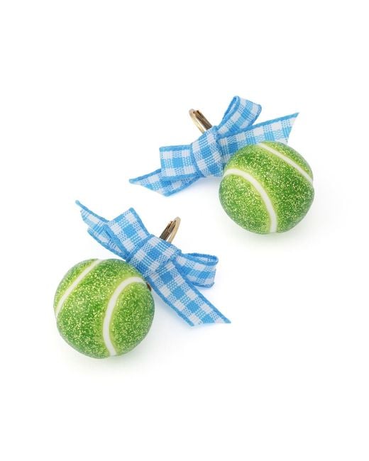Betsey Johnson Blue Gingham Bow Tennis Ball Drop Earrings