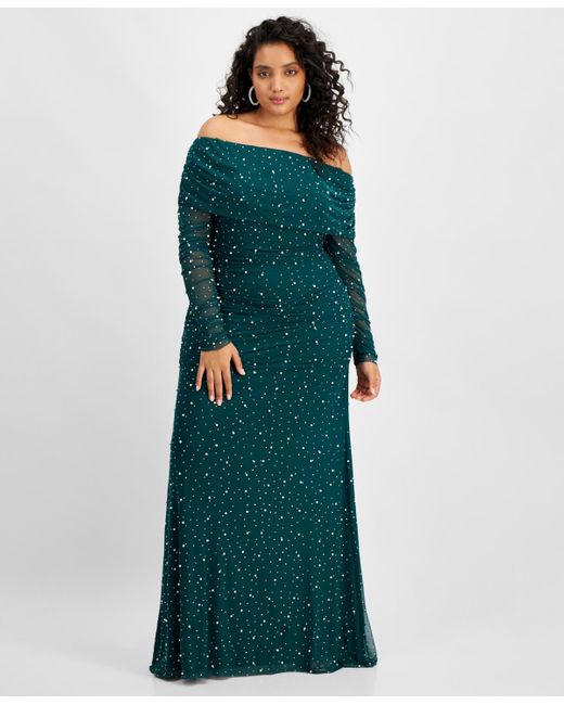 B Darlin Green Trendy Plus Size Off-the-shoulder Pearl Gown