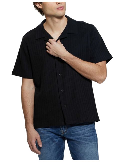 Guess Black Toledo Ribbed-knit Short-sleeve Button-down Camp Shirt for men